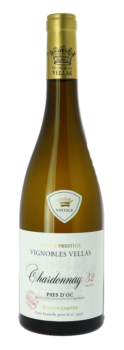 1 doos (6 Flessen) VIGNOBLES VELLAS, PAYS D'OC IGP CHARDONNAY, BLEND 52